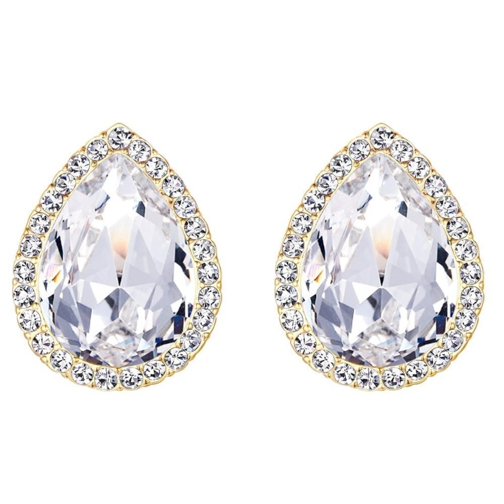 Yellow Gold with White Diamond Austrian Crystal Teardrop StudβPost Back Earrings